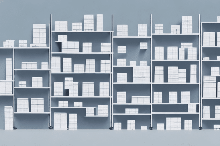 A wall of white shelves filled with various sizes of white boxes, arranged neatly against a light gray background. The boxes have a grid pattern, reflecting the precise measuring standards often required in e-commerce operations to maintain a minimalist and orderly appearance.