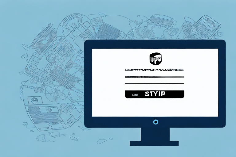 A computer monitor displays a stylized login screen with scrambled text and STYIP as the username. In the background, various electronics like keyboards and computer parts are illustrated in a sketchy style on a blue backdrop, reminiscent of inputting a Customer ID into UPS WorldShip.