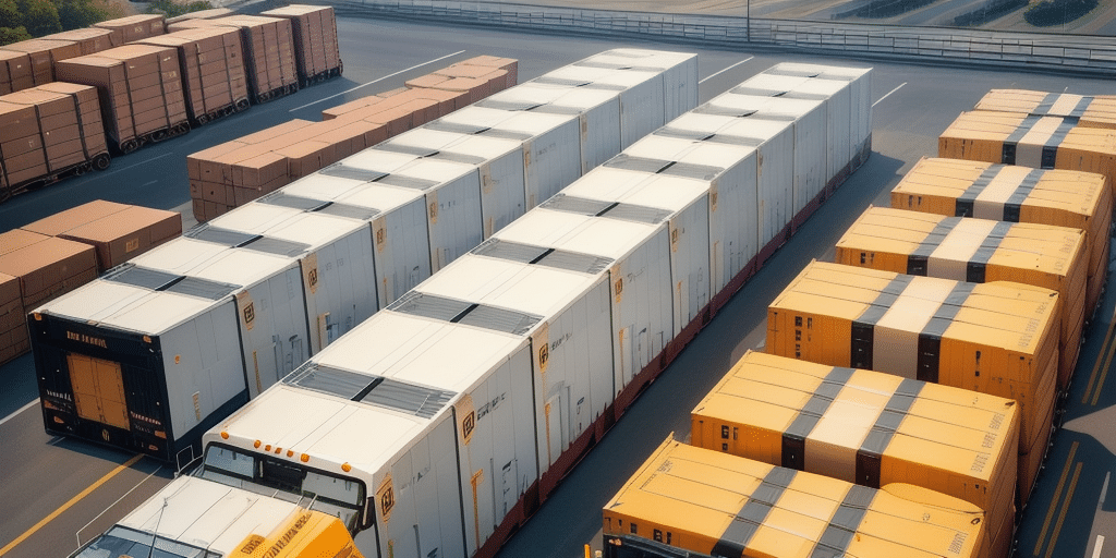 An aerial view of a freight yard reveals a Network UPS Worldship hub, with multiple rows of parked shipping containers and trailers, organized neatly in lines. The primarily white and yellow containers are surrounded by roads and trees, illustrating seamless logistics management.