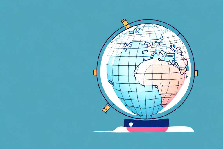 Illustration of a globe on a blue background, featuring detailed continents in blue and orange tones. For better understanding, the globe is mounted on a base with small orange markers indicating various locations, providing what you need to know about our interconnected world.