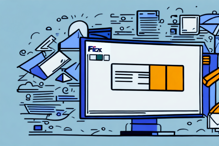 Illustration of a computer monitor displaying a FedEx Ship Manager interface with shipment information. The background includes mail items and symbols, representing logistics and parcel delivery themes. Colors are mostly blue and orange, highlighting the precision of parcel management from start to end of the day.