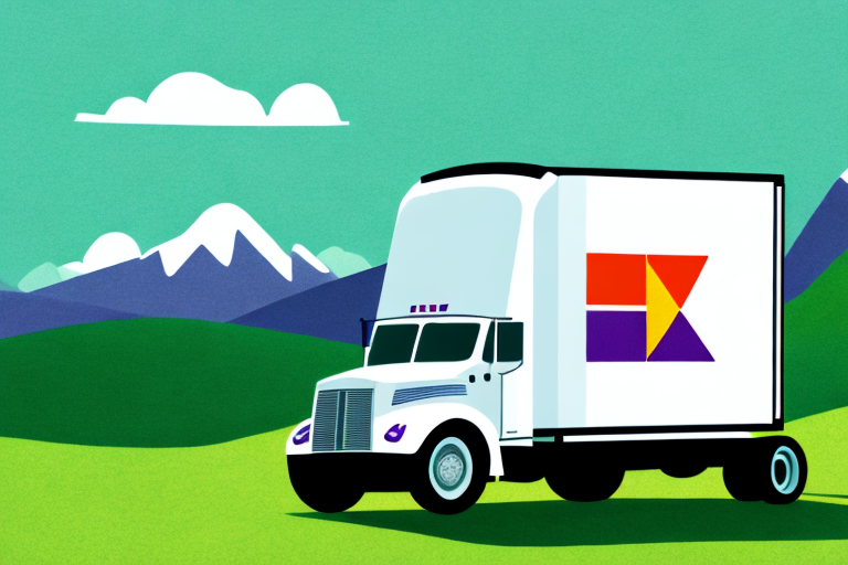 Illustration of a white delivery truck with a colorful logo, set against a scenic backdrop of green fields and snow-capped mountains under a blue sky with clouds, highlighting the FedEx Benefits for streamlined Partner Shipping Rates.