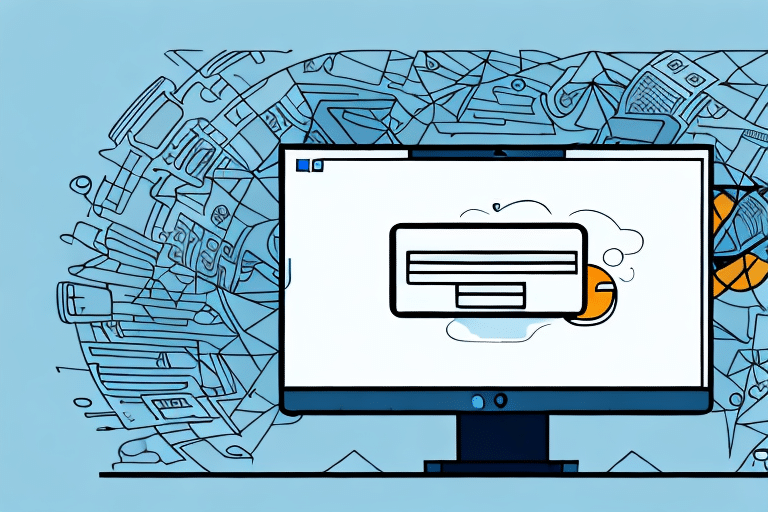 An illustration of a computer monitor showcasing a login screen with autofill enabled. Surrounding the monitor are outlines of various electronic devices against a blue background, creating a tech-savvy atmosphere reminiscent of UPS WorldShips efficient environment.
