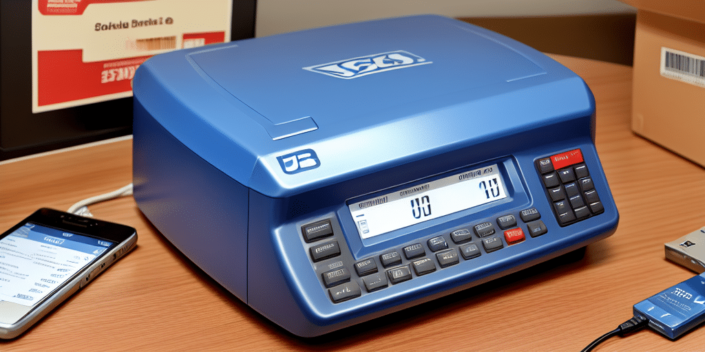 A blue electronic USPS 25lb USB Postal Scale displaying 100 on its screen sits on a wooden table. It features a keypad with various buttons. Nearby, a smartphone and a small blue device are seen, while a sign with text is partially visible in the background.