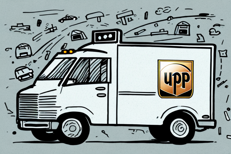 Illustration of a delivery van with a logo resembling the UPS shield, altered to read upp. Surrounded by floating packages and envelopes on a light gray background, it captures the anticipation of a UPS shipment yet to be delivered.