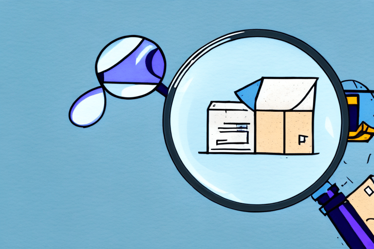 A magnifying glass focuses on a box, documents, and a folder, symbolizing document investigation akin to using FedEx Ship Manager for tracking. A small hammer breaks paper, conveying the thorough examination of each employee number. The background is light blue, inviting one to find every detail.
