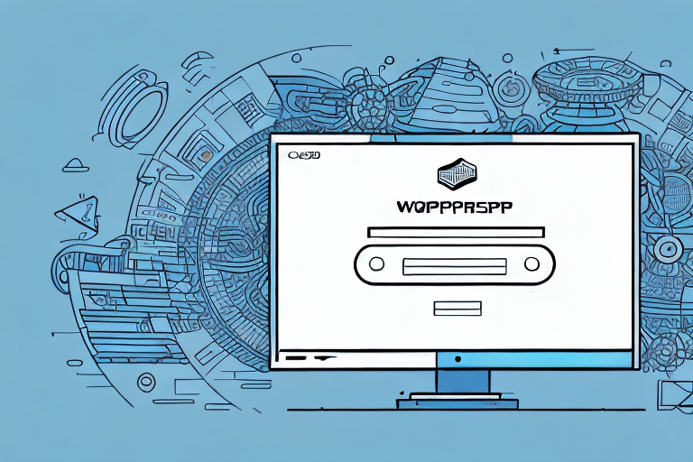 A computer screen displays a login page, surrounded by a futuristic, abstract circuit design in blue and gray tones resembling the intricate network of UPS WorldShip. The text on the screen is unreadable, and the background maintains a light blue color, hinting at high-value security control logs.