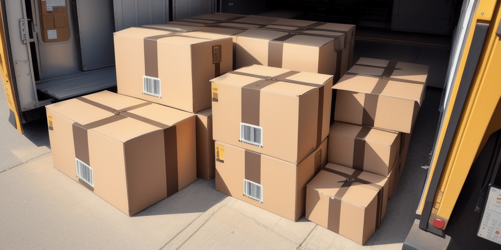 A pile of large cardboard boxes, sealed with packing tape and labeled with UPS WorldShip details, is stacked partially inside a yellow moving truck and on the ground outside. The labels suggest they are ready for transport to a changed address.