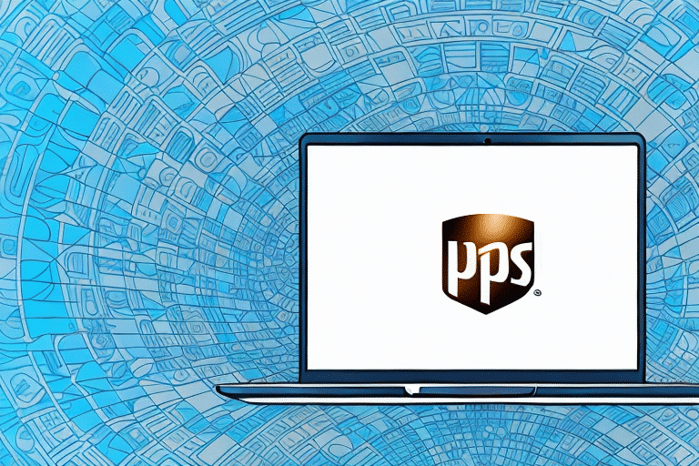 A laptop displaying the UPS logo is encircled by a digital vortex of blue interconnected devices, symbolizing the fast and efficient delivery services powered by UPS Worldship.