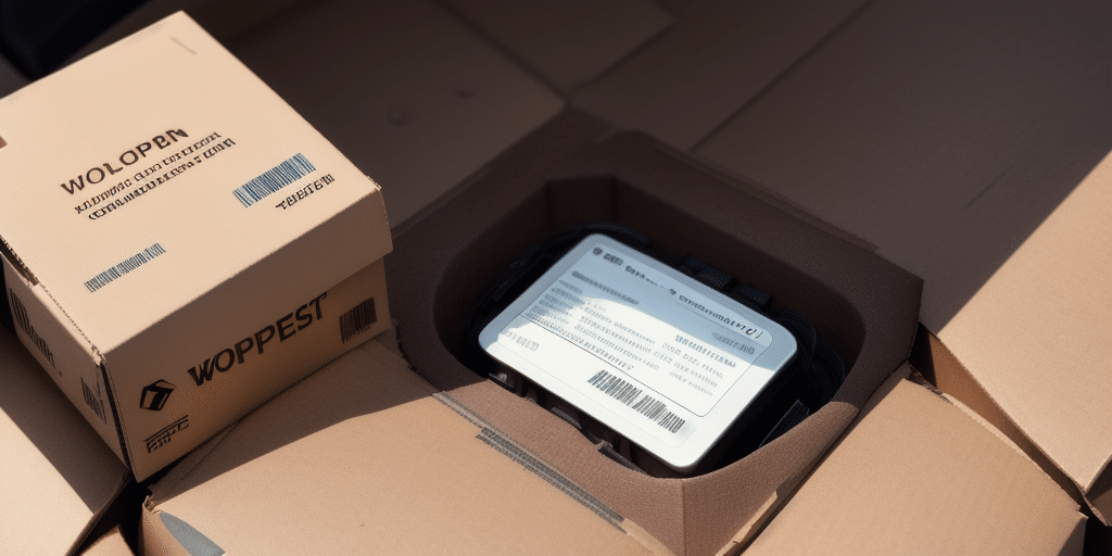 Close-up of a cardboard shipping box containing a smaller box and a package with a UPS Worldship label. The text on the label includes tracking barcodes, ensuring smooth delivery. The well-lit scene highlights the precise corners of the boxes.