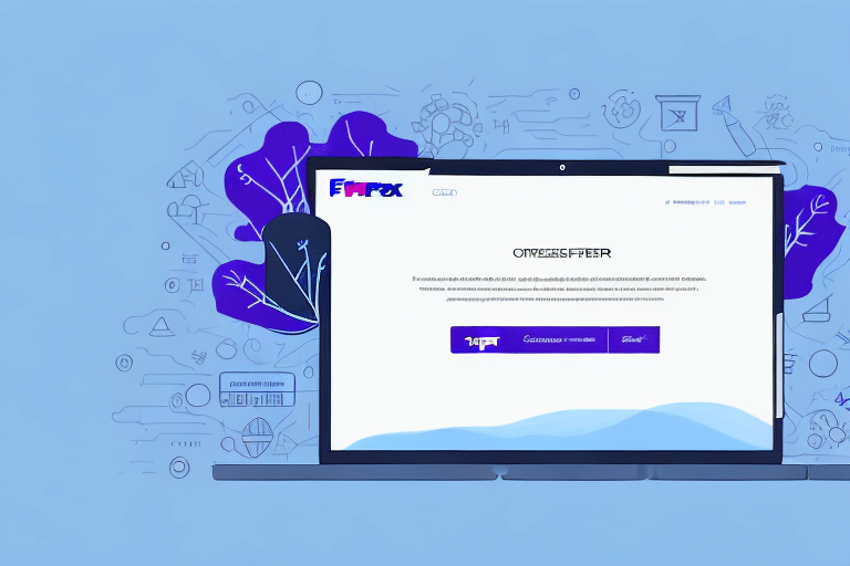 The illustration features a laptop displaying a website with a Start button, complete with abstract graphics and text. Surrounding the laptop are icons and shapes, like arrows and gears, akin to a server interface, all set against a light blue background with purple accents.