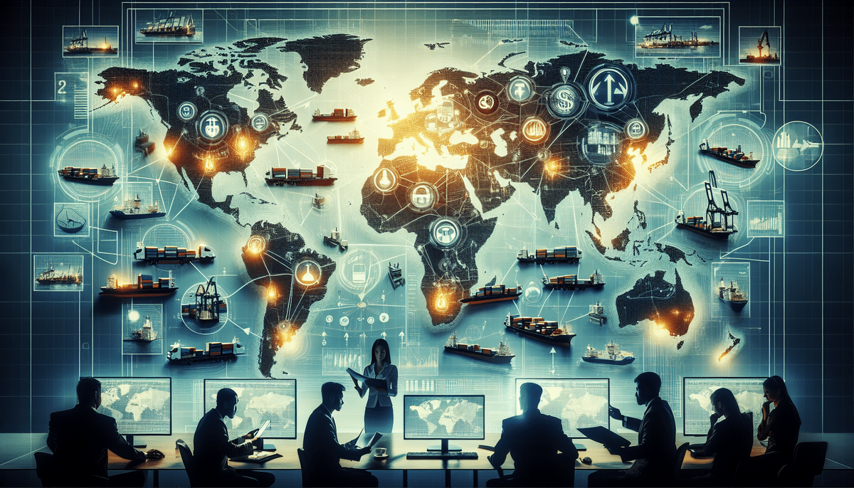 A digital illustration depicting a global supply chain network. A world map shows shipping routes with icons of ships, planes, and industries. Silhouetted figures collaborate at desks in the foreground under a digital screen, reflecting lessons learned from supply chain backlogs.
