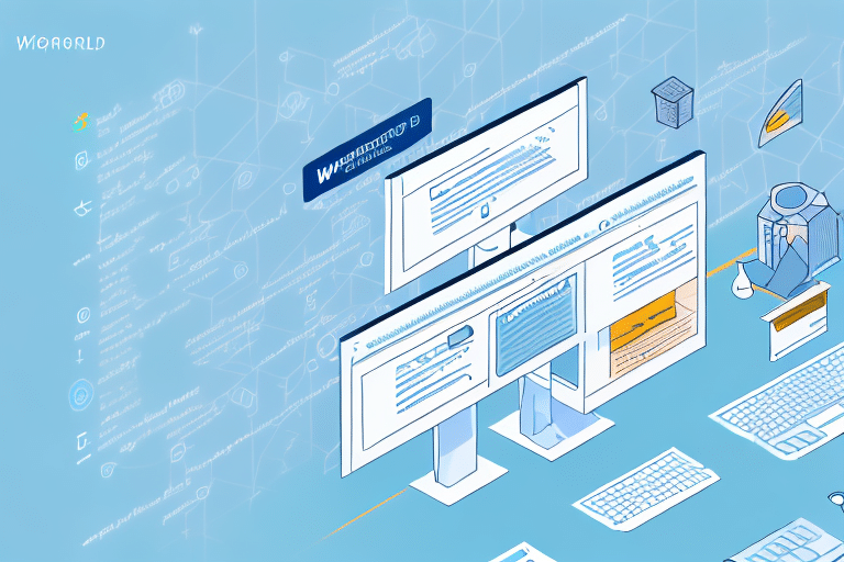 In a futuristic digital workspace, computer screens glow with UPS WorldShip interfaces and shared database connections. Keyboards accompany abstract technical diagrams in the background. The light blue color scheme emphasizes themes of technology and efficient innovation.