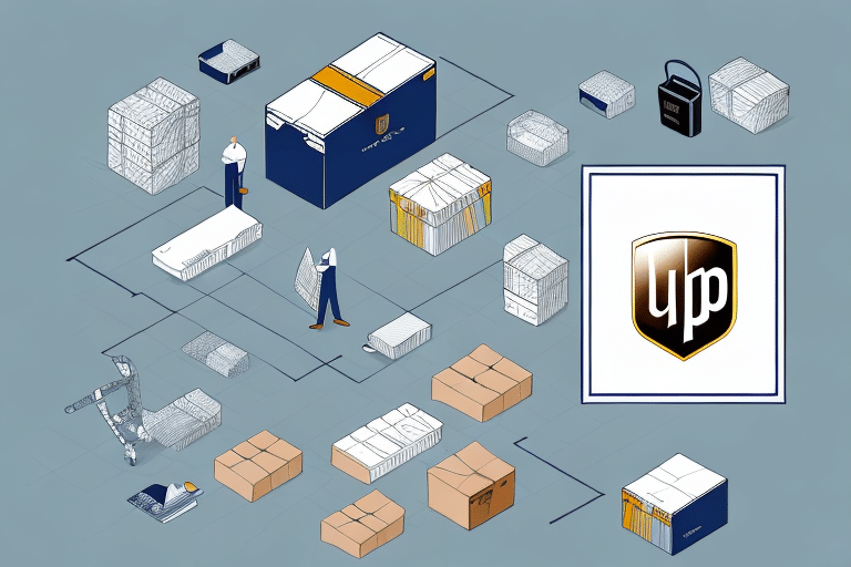 Illustration of people and packages in a warehouse setting, with stacked boxes and crates. A prominent logo resembling a shield with the letters UP is displayed on the right. A person checks a clipboard using UPS Worldship, while others skillfully manage parcels.