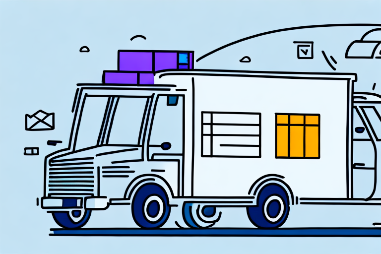 Illustration of a mail delivery truck overflowing with an oversize package on its roof and letters floating around. Bold lines emphasize the trucks bright windows, set against a light blue background, reminiscent of a lively FedEx scene in action.