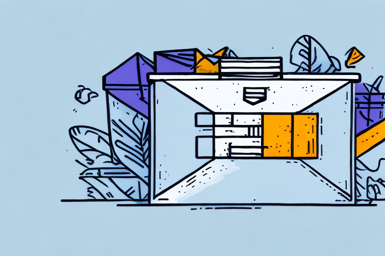 The illustration showcases an open mailbox filled with letters, surrounded by abstract geometric shapes and plants in vibrant purple, blue, orange, and gray tones. Set against a light blue background, it evokes the efficiency of P2 Shipping with a touch of whimsy.