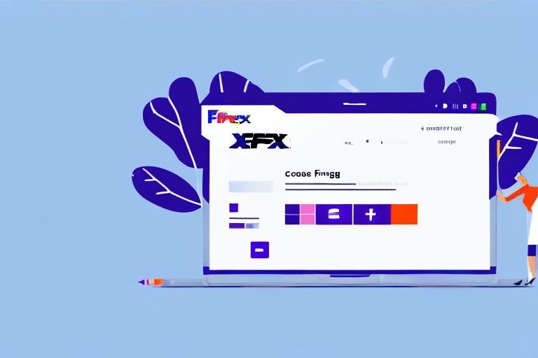 Illustration of a large laptop showcasing a digital platform with the text XFX and colorful graphics. A person in white stands beside the laptop on a blue background, hinting at the latest update, surrounded by abstract leaf shapes.
