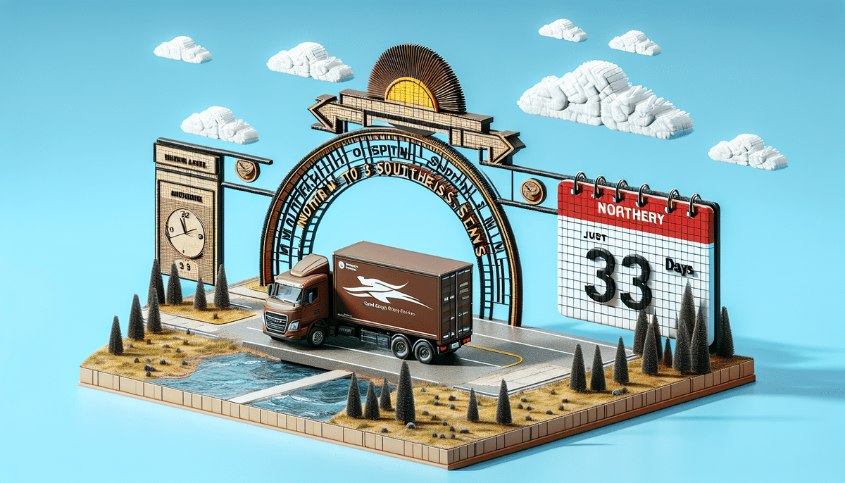 A 3D diorama features a delivery truck on a road with autumnal trees and small hills, evoking the feel of UPS 3 Day Select service. A large calendar shows Nortery with 33 Days, under the archway reading Northern Highspeed Delivery. The scene is completed by clouds and a sun.