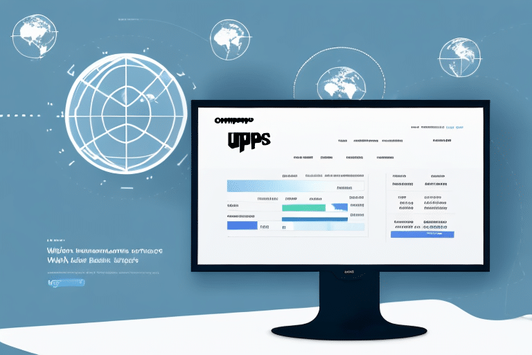 A computer monitor displaying a blue-themed dashboard with graphs and charts on shipments. The background features a world map with digital connections, much like the networks in UPS Worldship, indicated by lines and circular nodes.