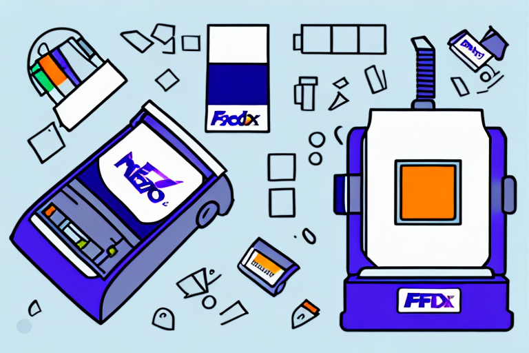 Illustration of various FedEx branded packaging and equipment, featuring a Dymo Label Printer adorned with the FedEx logo. A box, tape, and packaging tools are scattered on a light blue background, capturing the essence of an efficient use guide for successful shipping.