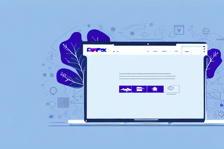 A laptop displaying a website with a blue header and icons across the screen showcases the power of FedEx Ship Manager. Abstract illustrations with gears and leaves are in the background, adding a touch of Java-inspired elegance to the minimalist, tech-themed setting.