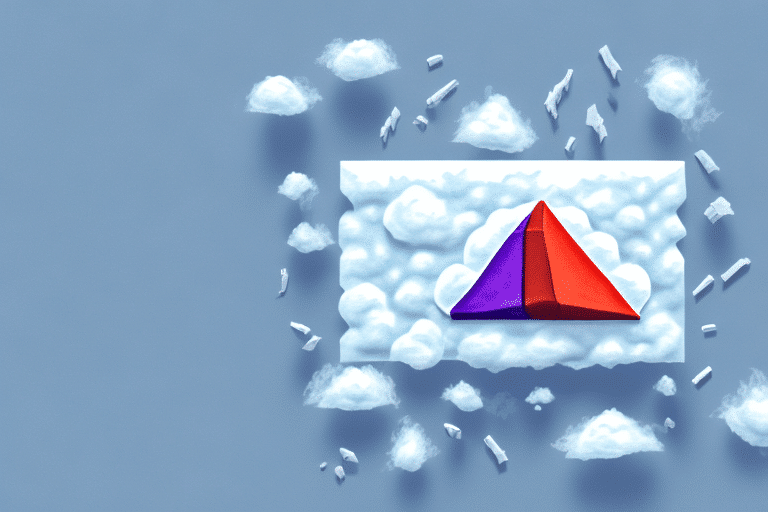 A 3D abstract art piece features a white rectangular platform with fluffy clouds, reminiscent of dry ice. In the center, a red and purple pyramid stands tall. Additional clouds float around the scene, set against a blue background.