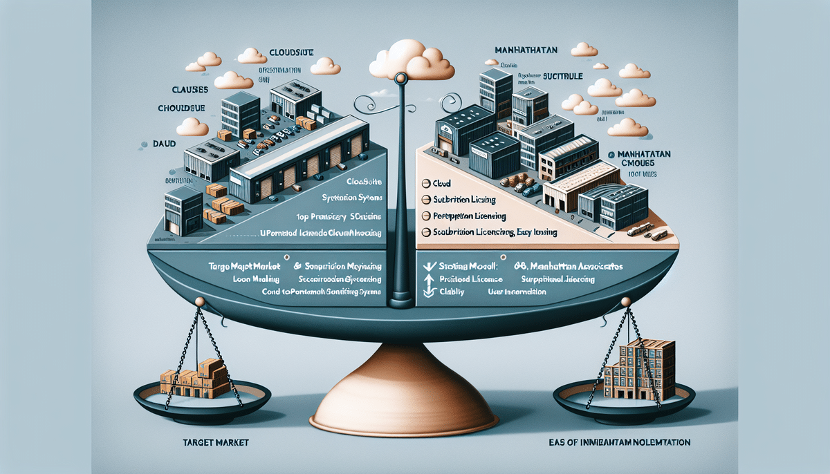 A business-themed illustration depicts a balanced scale with an industrial factory scene on the left and a corporate cityscape on the right. Labels like Cloudsuite, DAUD, Chad, and Manhattan illustrate a subtle WMS comparison, with smaller scales beneath each side hinting at solutions like Infor CloudSuite WMS.
