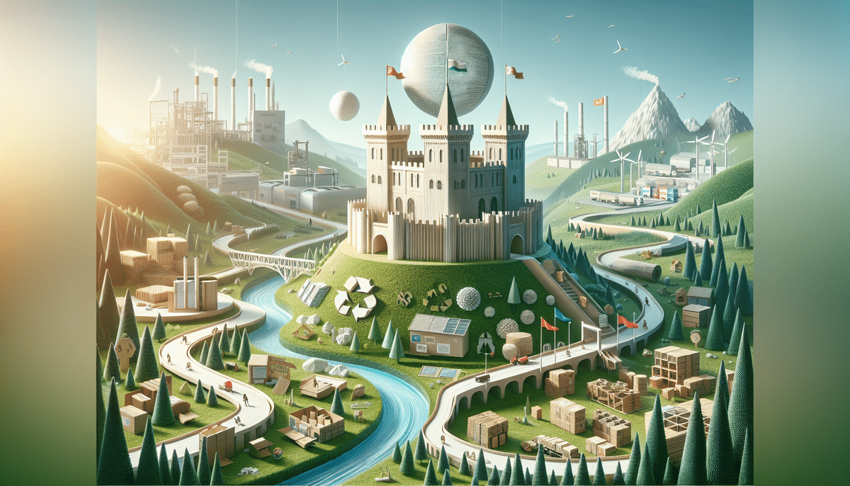 A surreal landscape features a central castle encircled by a river. Nearby, factory buildings and solar panels from WestRock grace the hills, complemented by wind turbines. Cardboard boxes and trees are scattered about, with mountains and a large sphere in the background.
