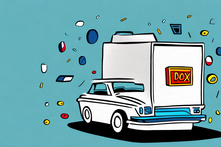 A white vintage car with an oversized box labeled DOX on its roof drives through a flurry of colorful geometric shapes on a teal background, capturing the whimsy and dynamic spirit of a drive your own car delivery business. The illustration artfully conveys movement and entrepreneurial flair.