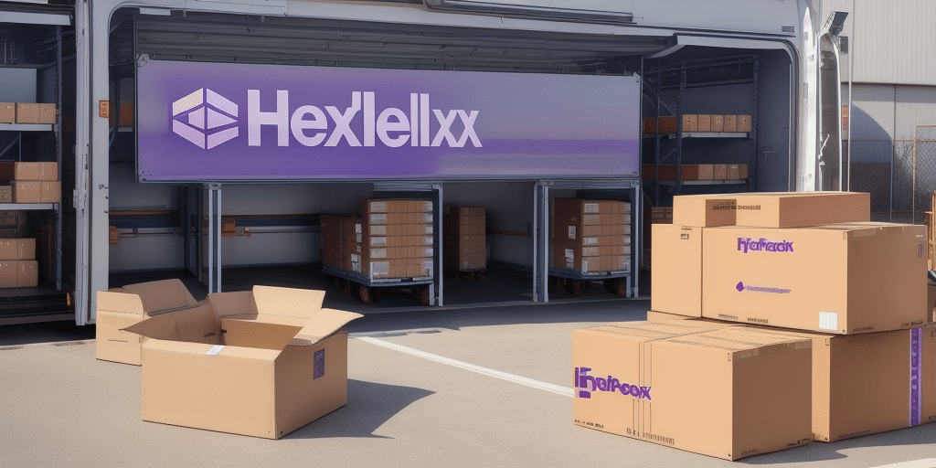 Outdoor loading area with a large truck displaying Hexflelxx and several stacked cardboard boxes. Two open boxes sit on the ground, hinting at configuration errors during a shipment managed by FedEx Ship Manager, suggesting a shipping or delivery operation.