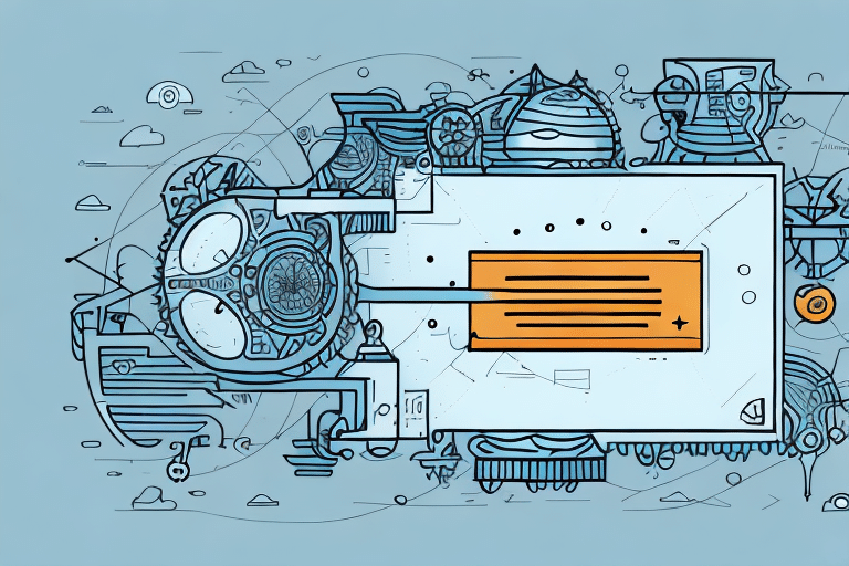 An abstract illustration showcases a white rectangular frame with an orange rectangle inside, reminiscent of a UPS WorldShip interface. Surrounding the frame are various geometric shapes, gears, and lines, symbolizing the complexities of troubleshooting against a light blue background.
