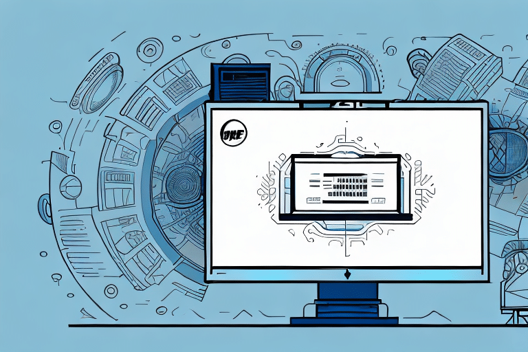 Illustration of a computer monitor showcasing a digital interface with circular graphics, set against a light blue backdrop. Abstract technological motifs surround the scene, echoing themes of UPS Worldship and shipping history in their design.
