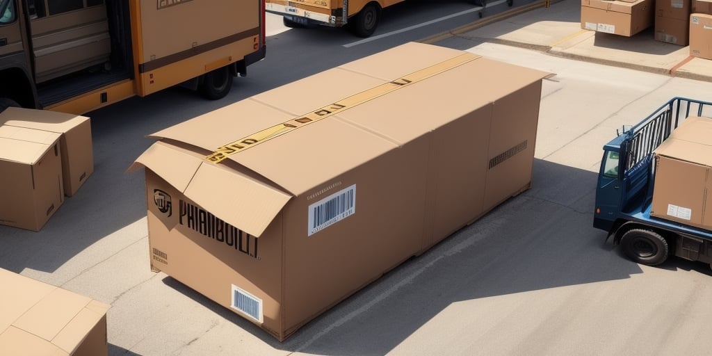 A large cardboard box labeled Phabulou sits on a street, surrounded by other similar boxes. A small blue vehicle is parked nearby, seemingly updating its route with UPS Worldship in this industrial area filled with delivery trucks in the background.