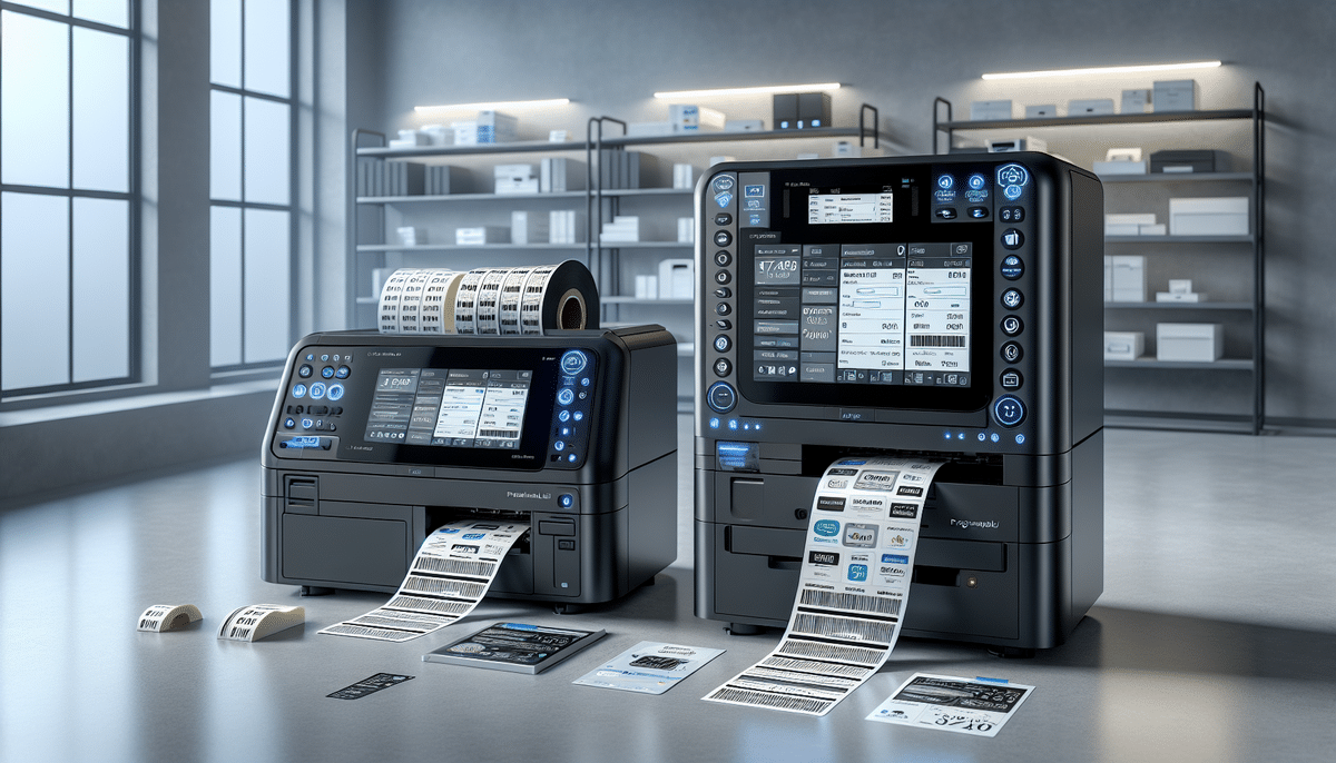 A modern office space features two advanced label printers, the Zebra ZD620 and Zebra ZP450, on a table. Both printers are actively printing label sheets. The background showcases shelves filled with office supplies and large windows letting in natural light, optimizing productivity and focus.