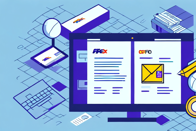 A computer screen displays documents with FFEx and QCEFO logos. Surrounding it are a laptop, mirror, boxes, pen, and paper on a blue geometric background—an ideal setup for learning how to delete a shipment using FedEx Ship Manager.