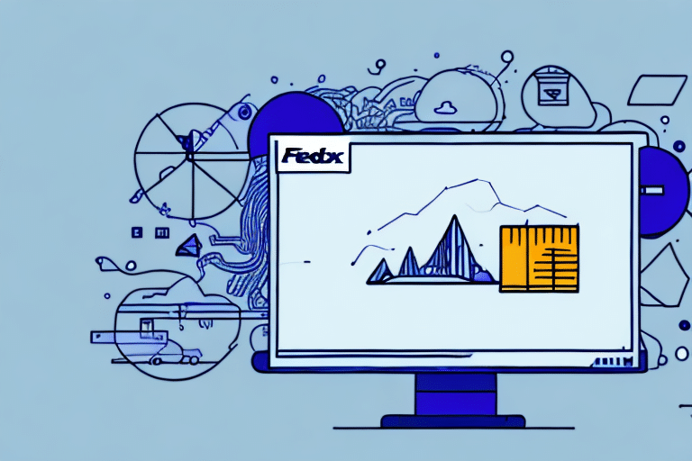 Illustration of a computer screen displaying graphs and data charts, with various abstract technological and transportation icons in the background. The design highlights dynamic data analysis, integrating logistics tracking seamlessly, reminiscent of FedEx Ship Manager interfaces.