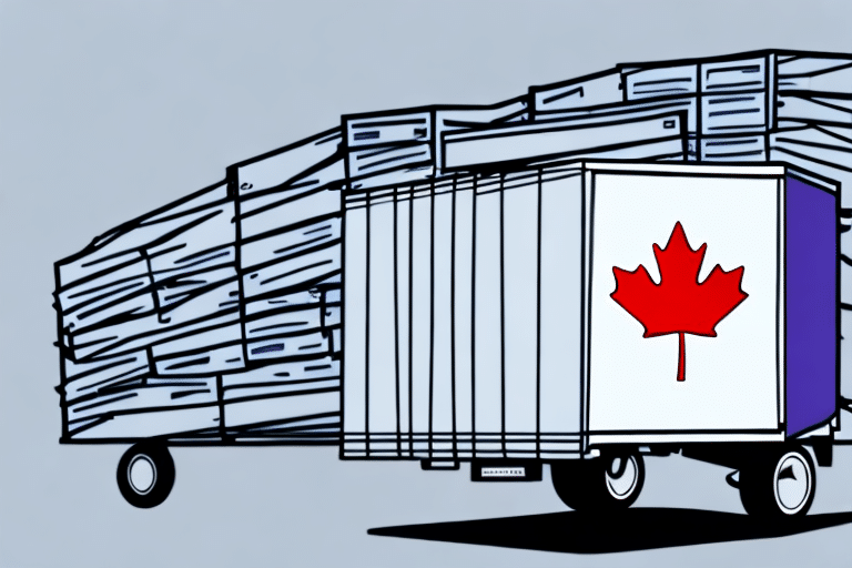 A stylized trailer overloaded with stacked crates and a large Canadian flag on its side sits poised against a plain background, ready to ship to Canada with FedEx.
