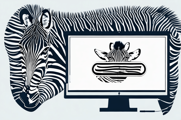 A zebra with its head facing forward stands next to a Zebra Printer. The screen displays a zebras head with its stripes misaligned, creating a visual illusion. A pen lies beside the monitor, ready to add printer settings when needed.