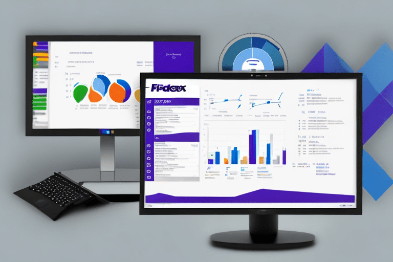 Two computer monitors displaying colorful digital charts and graphs illustrate optimized data visualizations, including bar, line, and pie charts. A keyboard sits in front of one monitor, ready to connect insights with action. The background features abstract geometric shapes.