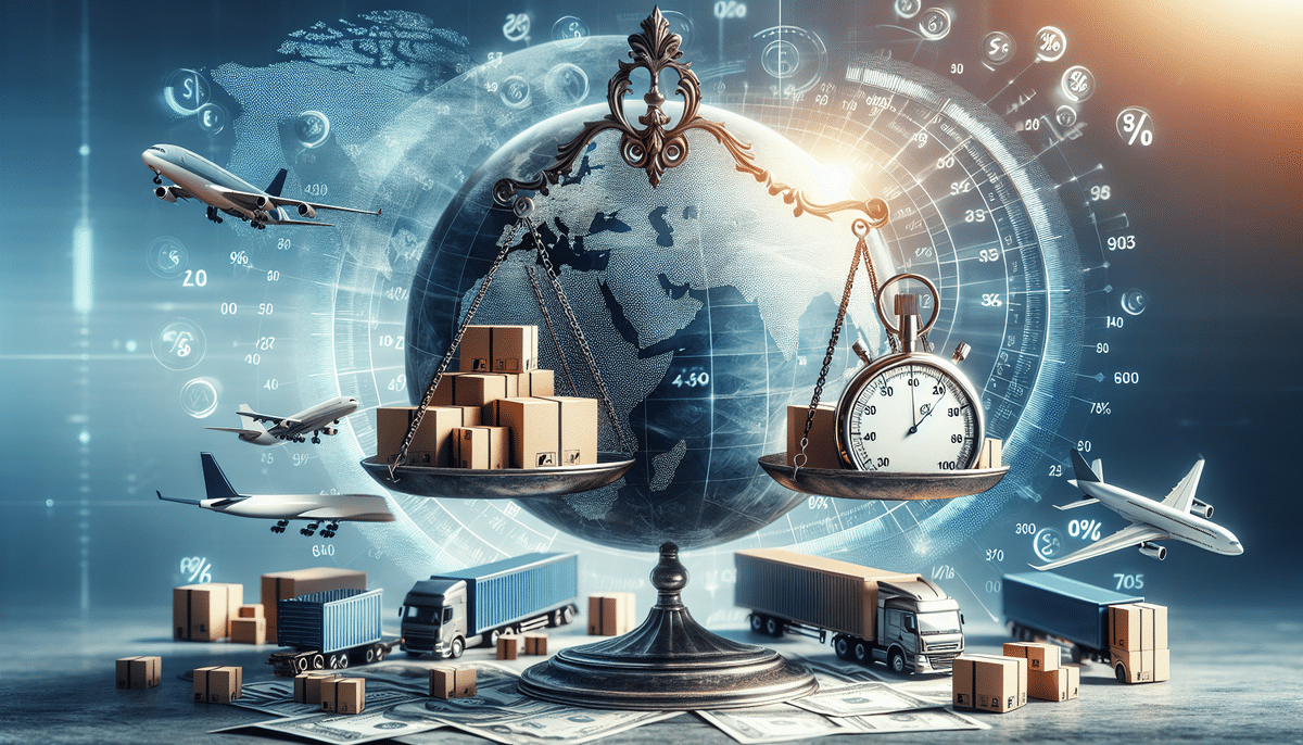 A globe balances on scales with a pocket watch and stacked boxes, surrounded by FedEx airplanes, trucks, and shipping containers. Currency and financial symbols float around, symbolizing the intricate understanding of global trade, logistics, and business rates.