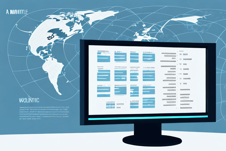 A digital illustration showcases a computer monitor with charts and data tables, highlighting global connectivity through a stylized world map with interconnected lines. Adjusting the display settings adds clarity to this visual narrative of worldwide data flow and integration.