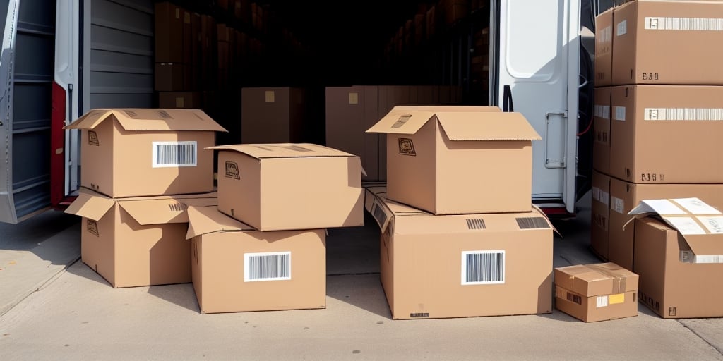 Several cardboard boxes, plagued by a double printing problem, are stacked and scattered on the ground outside the open back of a delivery truck. The UPS Worldship truck is parked in a loading area, and the focus is on the various sizes of boxes with misprinted labels and barcodes.