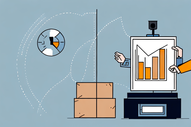 A bar graph presentation on a screen with two hands pointing at it illustrates understanding. A pie chart is partially visible in the background, enhancing clarity. Two cardboard boxes, possibly linked to UPS Worldship logistics, are stacked nearby. The background is blue with abstract white lines.