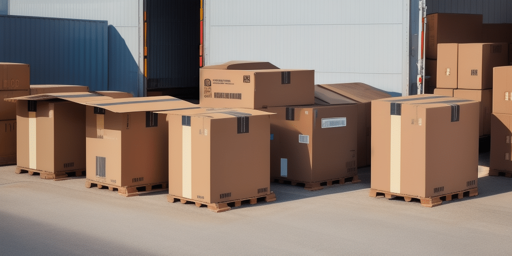 A group of large cardboard boxes is stacked on wooden pallets outside a warehouse, ready for processing through UPS WorldShip. Some boxes are open, others sealed, basking in sunlight by the partially open warehouse door.