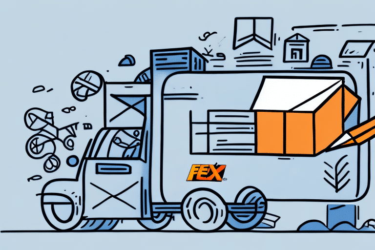 Illustration of a delivery truck labeled FEX with an orange and white package emerging from a side compartment. The background features abstract shapes and lines, evoking the efficiency of FedEx Ship Manager in motion and activity.