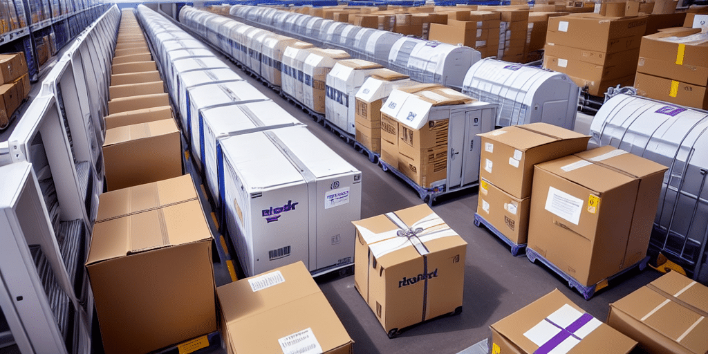 Rows of conveyor belts in a warehouse transport large stacks of brown cardboard boxes and secured packages, each varying in size with labels. A Zebra Printer hums alongside the conveyors, enhancing the organized and busy scene, indicative of a logistics or distribution center.
