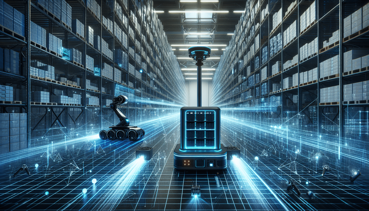 In a futuristic warehouse, shelves are stacked high with boxes as GreyOrange robots, one with wheels and another on a hover platform, navigate the grid-patterned floor. Bathed in blue light, the scene showcases an advanced AutoStore system for high-tech automation and logistics.