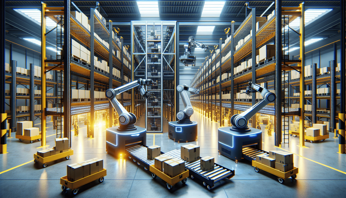 A futuristic warehouse powered by advanced automation systems, featuring robotic arms placing packages on conveyor belts. Automated carts from Geek+ and Dematic transport boxes among tall shelves filled with goods, all under bright lights.