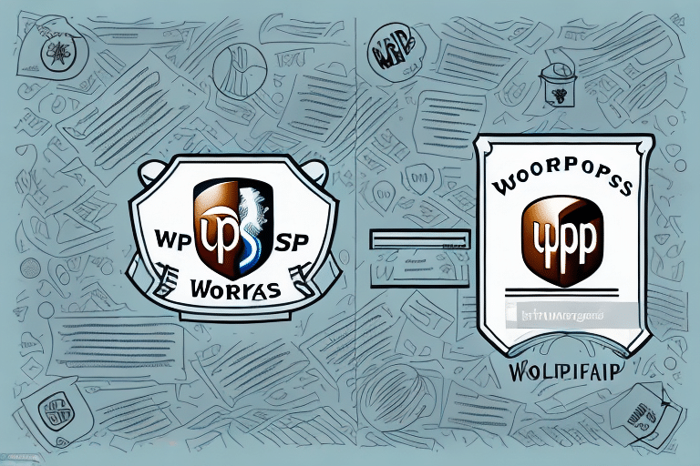 Two shields with text: the left reads WP UP SP Woryas; the right, like a UPS Worldship import error, displays Woorpopss Ypp Wolpifaip. The background is filled with abstract shapes and lines, creating a playful, chaotic doodle pattern on a blue backdrop.