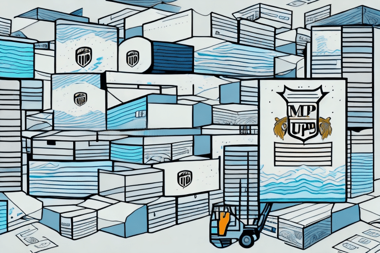 A detailed illustration shows a busy scene with stacks of boxes labeled MP and UPJ, hinting at import multi-piece shipments. A forklift is moving boxes. The color scheme features blue, white, and black. Documents are scattered around, depicting an organized yet chaotic environment reminiscent of UPS Worldship operations.